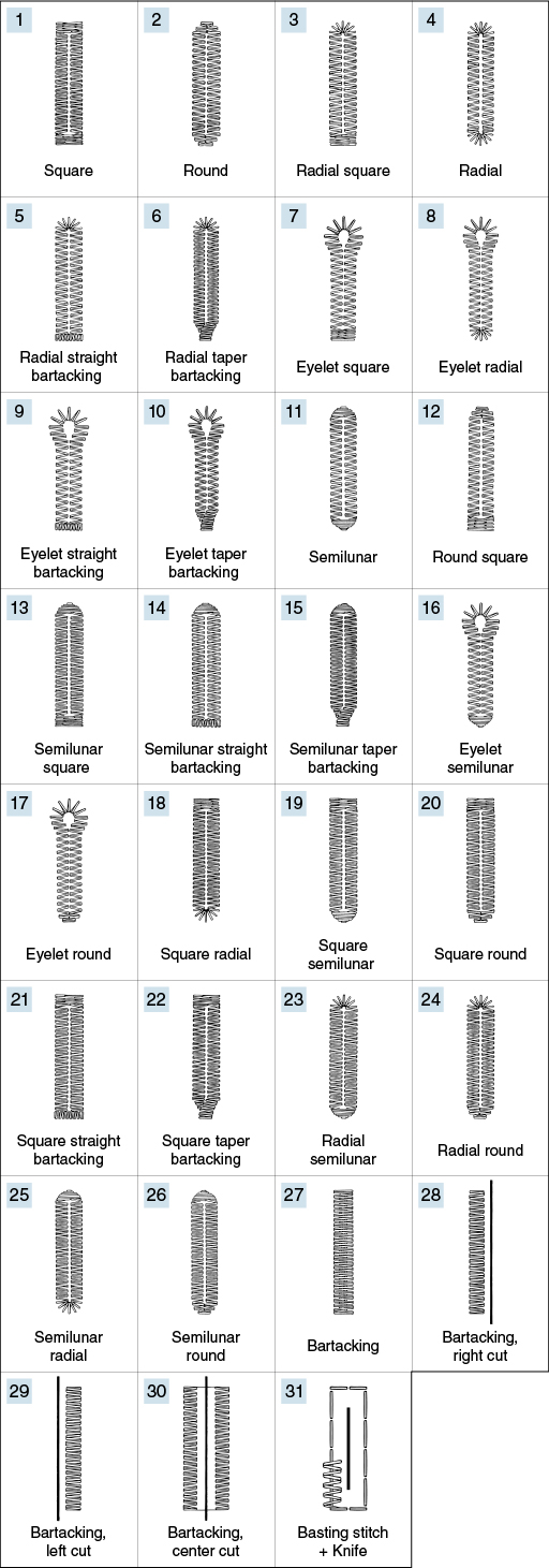 The machine is provided as standard with as many as 31 stitch patterns for buttonholing